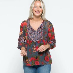 Daniel Rainn Blouse Semi-Sheer Floral Fringe Tassels Sz Large BOHO